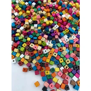 Hedef Bijuteri 5mm Karışık Renkli Küp Tahta Ahşap Boncuk (50GR,~650 Adet Boncuk)
