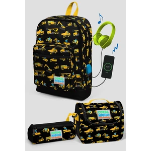 Coral High Siyah Iş Makine Desenli Okul Çanta Seti  Erkek Çocuk