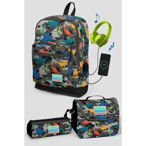 Coral High Gri Kamuflaj Dinazor Desenli Okul Çanta Seti  Erkek Çocuk