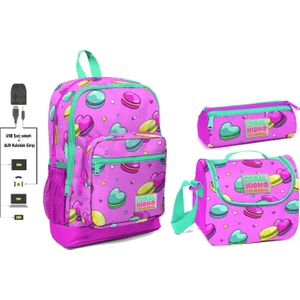 Coral High USB ve Aux Çıkışlı Okul Çanta Seti  Kız Çocuk  Pembe Kurabiyeler