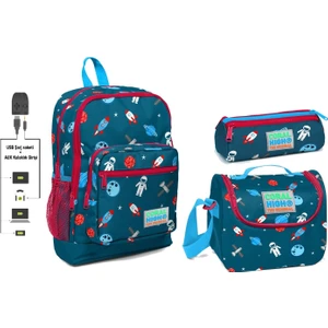 Coral High USB ve Aux Çıkışlı Okul Çanta Seti  Erkek Çocuk  Mavi Astronot Baskılı