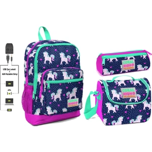 Coral High USB ve Aux Çıkışlı Okul Çanta Seti  Kız Çocuk  Pembe Unicorn Baskılı