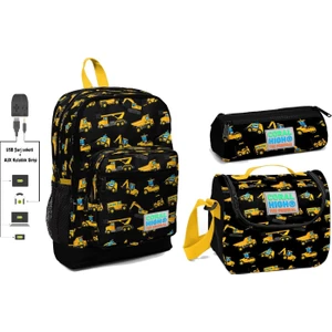 Coral High USB ve Aux Çıkışlı Okul Çanta Seti  Erkek Çocuk  Sarısiyah Iş Makineleri