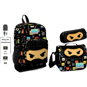 Coral High USB ve Aux Çıkışlı Okul Çanta Seti  Erkek Çocuk  Siyah Ninja Desenli