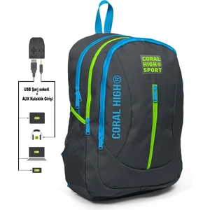 Coral High Sport Mavigri Okul ve Günlük Sırt Çantası  USB ve Aux Çıkışlı