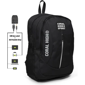 Coral High Sport Siyah Okul ve Günlük Sırt Çantası  USB ve Aux Çıkışlı