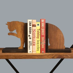 Dekoratif Ahşap Kitap Tutucu Kedi Figürlü