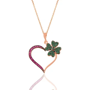 Söğütlü Silver Gümüş Rose Fuşya ve Yeşil Taşlı Yonca Kalp Kolye