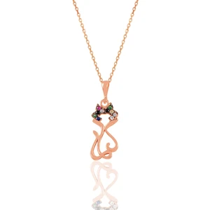 Söğütlü Silver Gümüş Rose Renkli Taşlı Süslü Kedi Kolye