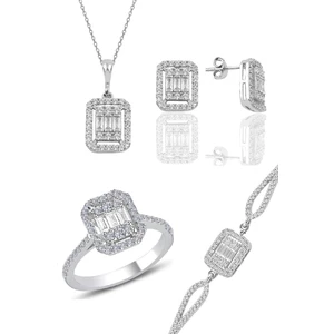 Söğütlü Silver 925 Ayar Gümüş Rodyumlu Takım Baget Taşlı Kolye Küpe Yüzük Bileklik Seti