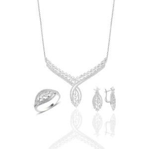 Söğütlü Silver Gümüş Rodyumlu  Pırlanta Modeli Beyaz Altın Görünümlü Kolye Küpe ve Yüzük Seti