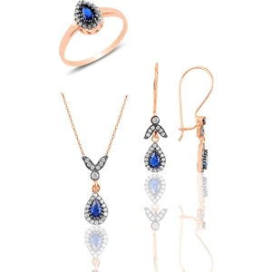 Söğütlü Silver Gümüş Rose Safir Taşlı Damla Üçlü Set