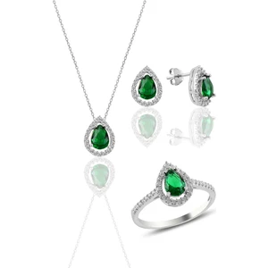 Söğütlü Silver Gümüş Rodyumlu Kök Zümrüt Taşlı Damla Modeli Üçlü Set