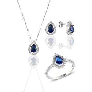 Söğütlü Silver Gümüş Rodyumlu Safir Taşlı Damla Modeli Üçlü Set