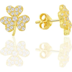 Söğütlü Silver Gümüş Altın Yaldızlı Zirkon Taşlı Yonca Küpe