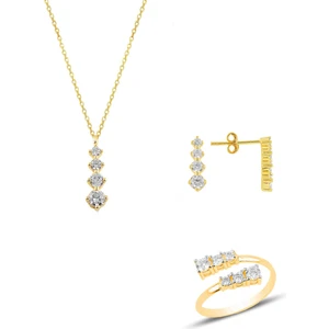 Söğütlü Silver Gümüş Altın Yaldızlı Zirkon Taşlı Pırlanta Modeli Pırıltı Üçlü Set