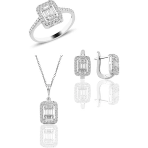 Söğütlü Silver Gümüş Rodyumlu  Gümüş Baget Taşlı Üçlü Set