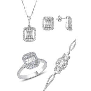 Söğütlü Silver Gümüş Rodyumlu Baget Taşlı Dörtlü Set
