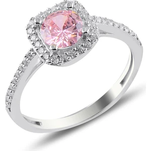 Söğütlü Silver Gümüş Rodyumlu Pembe Taşlı Kare Yüzük