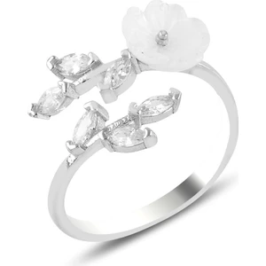 Söğütlü Silver Gümüş Rodyumlu Yaldızlı Sedef Taşlı Yapraklı Manolya Çiçeği Yüzük.