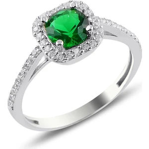 Söğütlü Silver Gümüş Rodyumlu Kök Zümrüt Taşlı Kare Yüzük