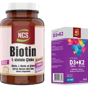 Biotin L Sistein Çinko Vitamin B1-B2-B5-B6 Folik Asit 120 Tablet & Ncs Vitamin D3 + K2 Damla 20 ml