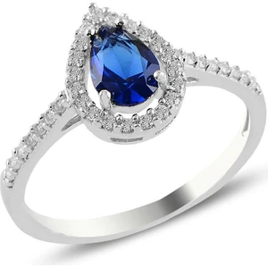 Söğütlü Silver Gümüş Rodyumlu Safir Taşlı Damla Modeli Yüzük