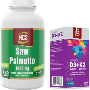 Saw Palmetto 1000 Mg Pumpkin Biotin Zinc Complex 180 Tablet & Vitamin D3 + K2 Damla 20 ml