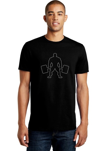 Silhouette Bodybuilding Baskılı Siyah Erkek Örme Tshirt