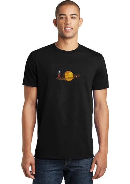 Saturn Uzay Astronot T Shirt Baskılı Siyah Erkek Örme Tshirt