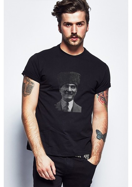 Atatürk Gençliğe Hitabe Baskılı Siyah Erkek Örme Tshirt