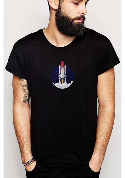 Nasa Logo Baskılı Siyah Erkek Örme Tshirt