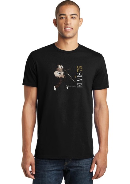 Elvis Presley Baskılı Siyah Erkek Örme Tshirt