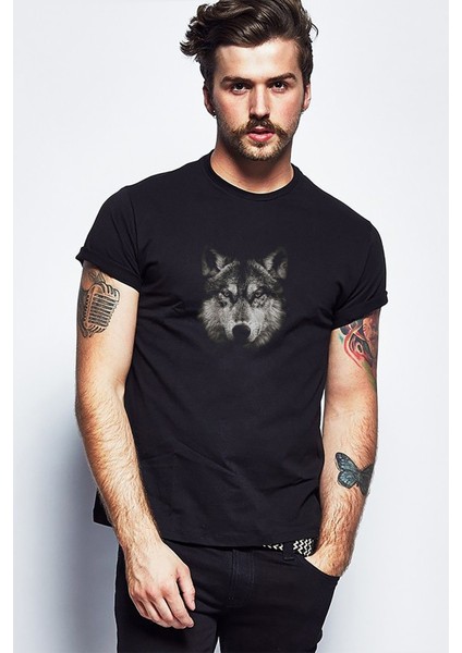 Wolf Kurt Baskılı Siyah Erkek Örme Tshirt