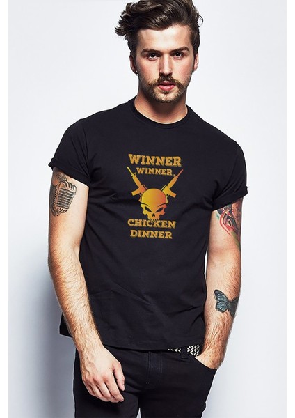 Pubg Winner Sari Kurukafa Baskılı Siyah Erkek Örme Tshirt