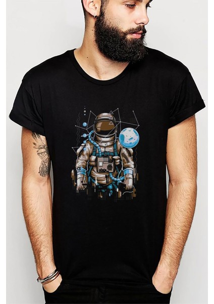 Astronot Uzay Karışık Baskılı Siyah Erkek Örme Tshirt