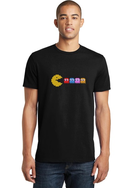 Pac Man Pixel Baskılı Siyah Erkek Örme Tshirt
