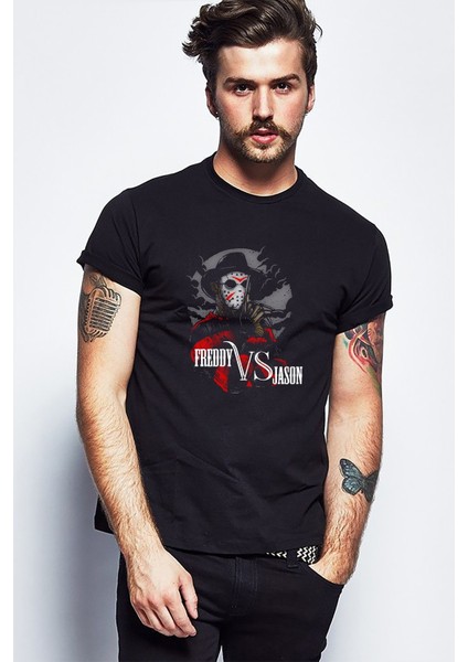Freddy Vs Jason Baskılı Siyah Erkek Örme Tshirt