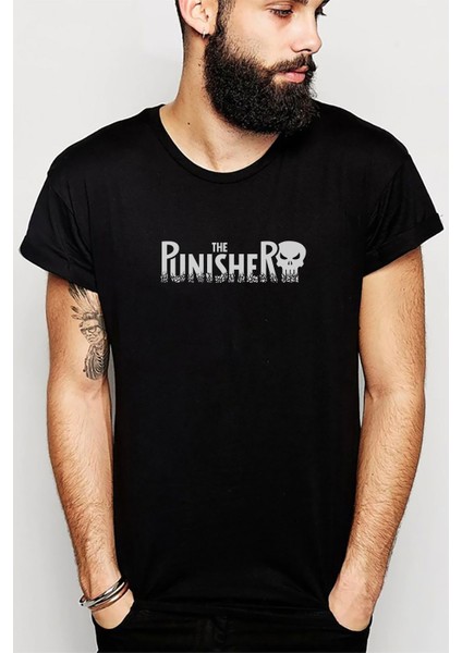 The Punisher Logo Baskılı Siyah Erkek Örme Tshirt