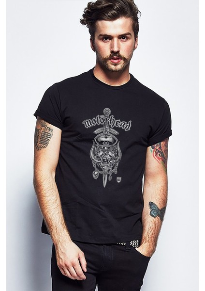 Motörhead Logo Sword Rock Metal Müzik Baskılı Siyah Erkek Örme Tshirt