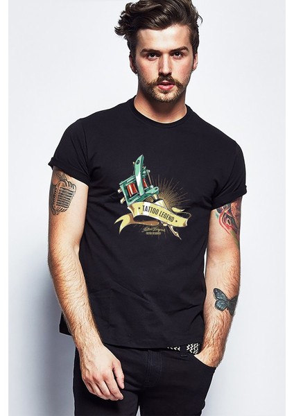 Tatto Legend Retro Baskılı Siyah Erkek Örme Tshirt