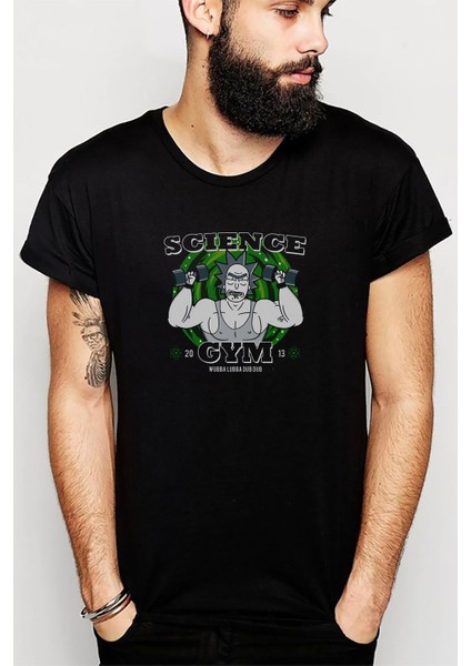 Rick Science Gym Baskılı Siyah Erkek Örme Tshirt