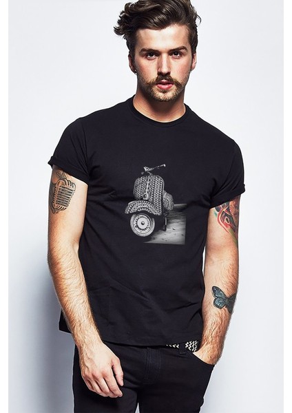 Tumblr Vespa Baskılı Siyah Erkek Örme Tshirt