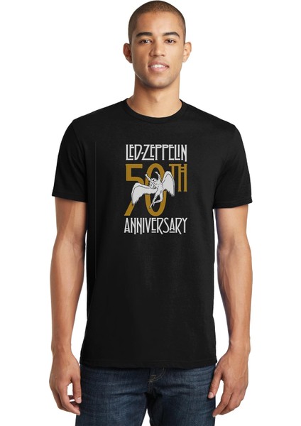 LED Zeppelin Launches Historical 50 Series Baskılı Siyah Erkek Örme Tshirt