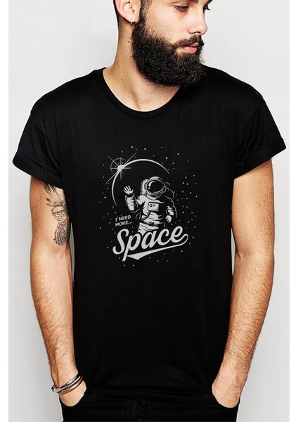 Astronot I Need More Space Uzay Baskılı Siyah Erkek Örme Tshirt