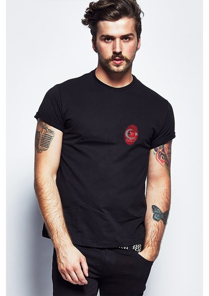 Atatürk Parmak Izi Baskılı Siyah Erkek Örme Tshirt