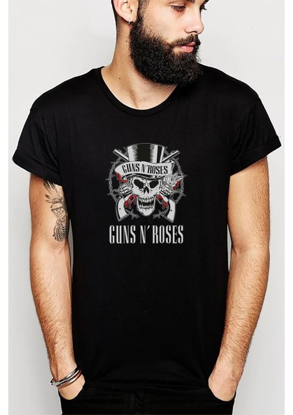 Guns N Roses Baskılı Siyah Erkek Örme Tshirt