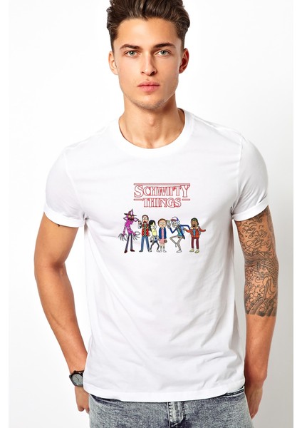 Schwifty Things On The Upside Time Baskılı Beyaz Erkek Örme Tshirt