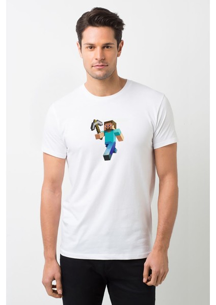 Minecraft Steve Baskılı Beyaz Erkek Örme Tshirt