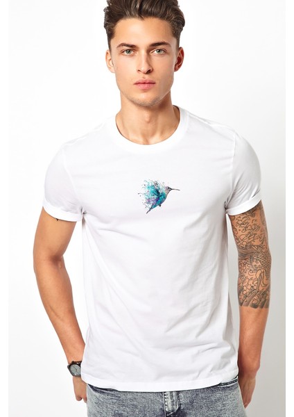 Sinek Kuşu Dövme Sanatı Boyama Suluboya Baskılı Beyaz Erkek Örme Tshirt